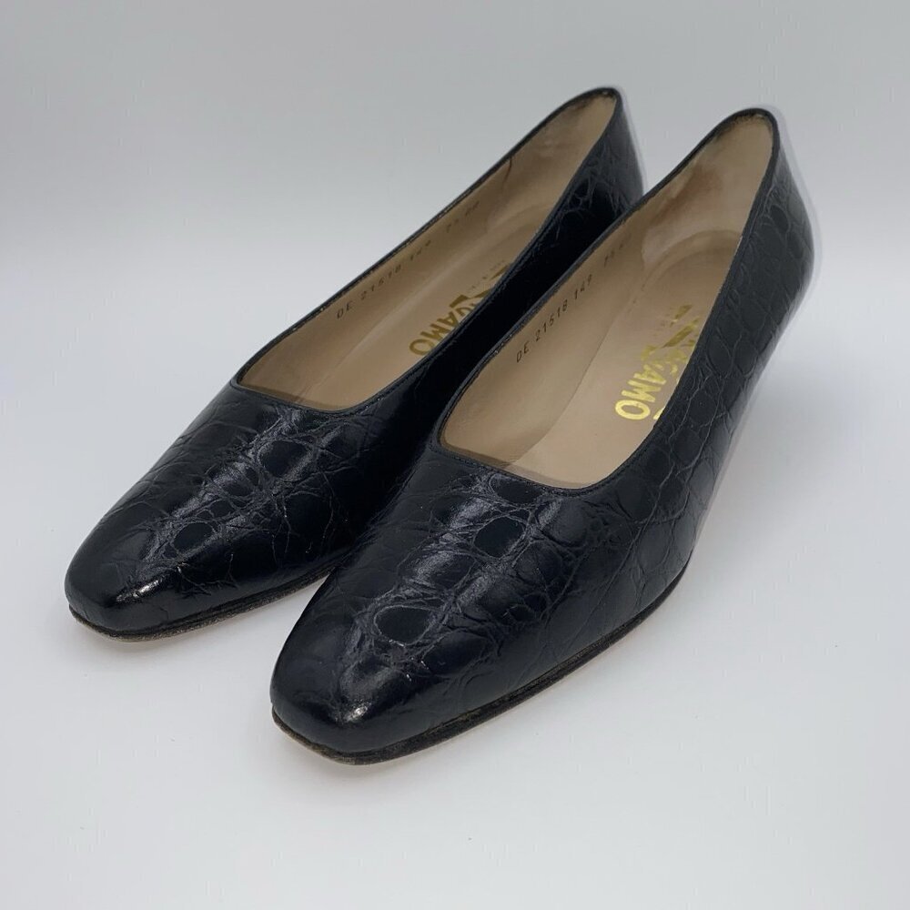 Salvatore Ferragamo Black Leather Croc Print Low Block Heel Slip-On 7.5AA Shoes